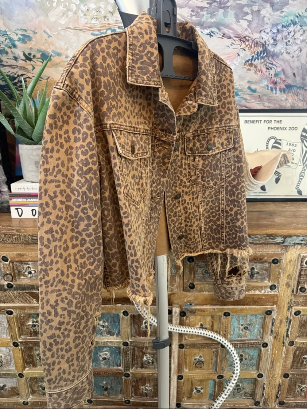 Free PeoplešLeopard Distressed Denim Jacket Size S. - Picture 2 of 9